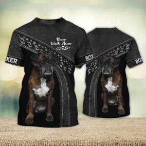 3D Dog T Shirts, Boxer Black Never Walk Alone All Over Print T-Shirt, Gift For Pet Loves