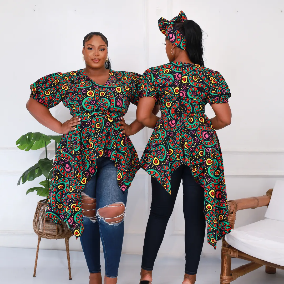 African Print Asymmetric V Neck Blouse - Zuriel Hydia