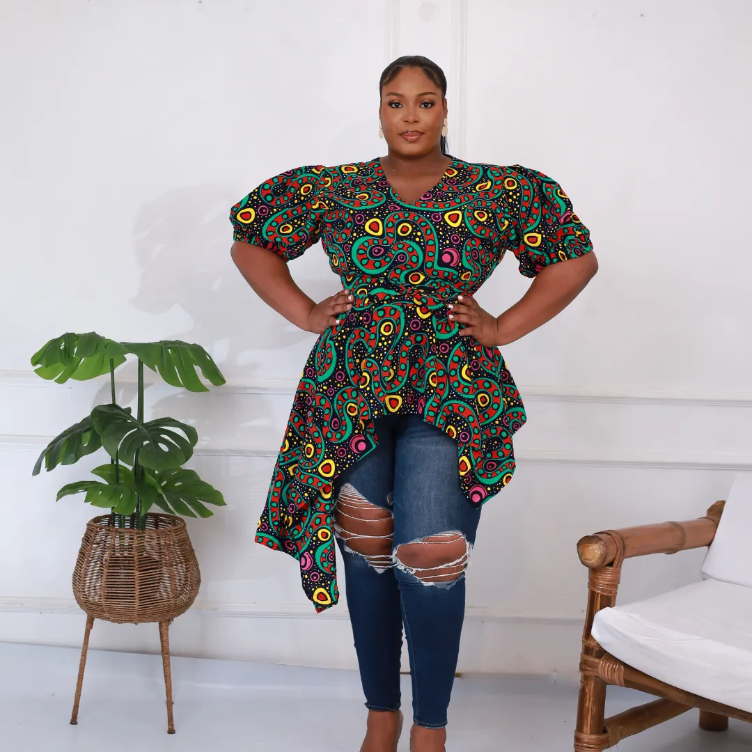 African Print Asymmetric V Neck Blouse - Zuriel Hydia