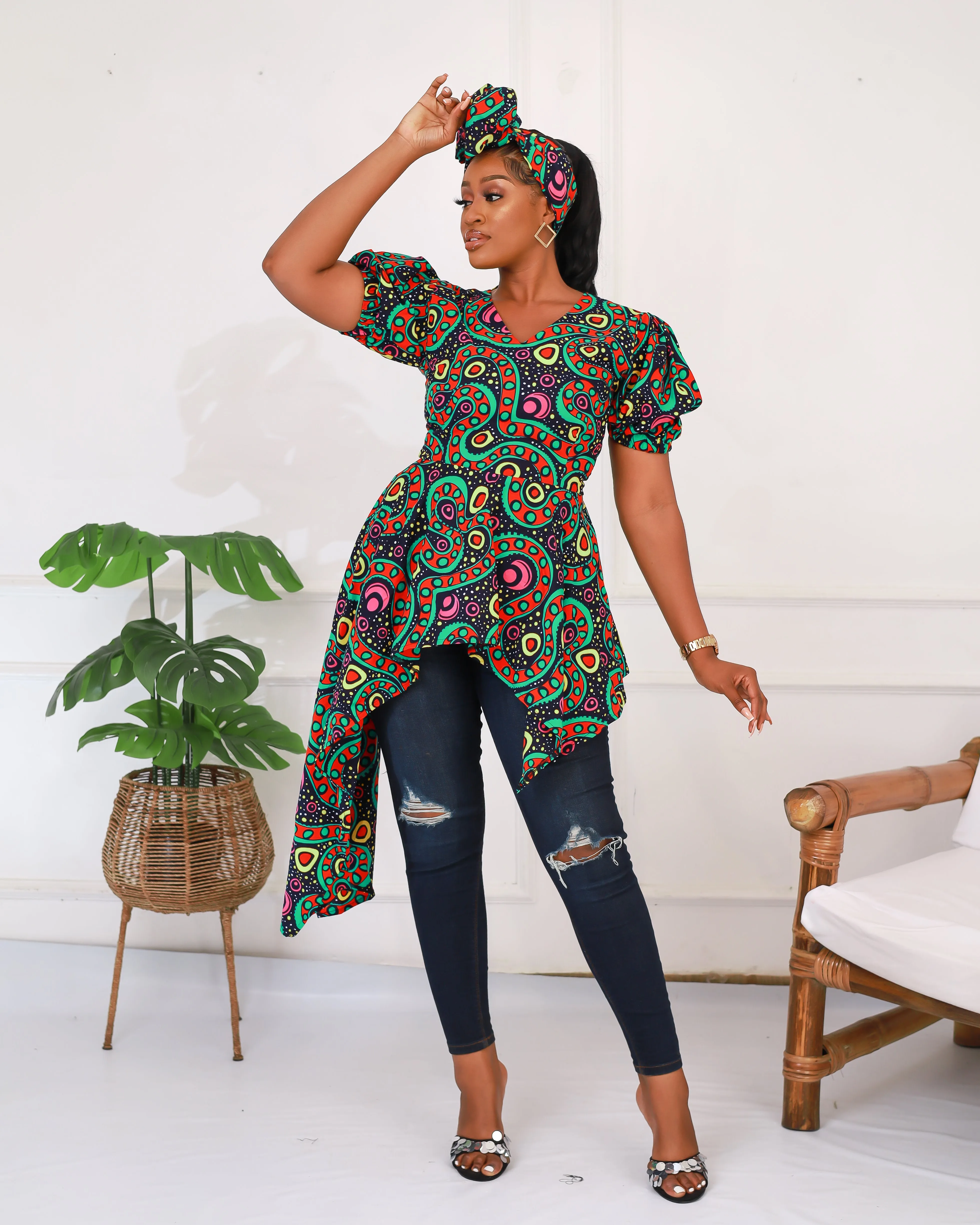 African Print Asymmetric V Neck Blouse - Zuriel Hydia