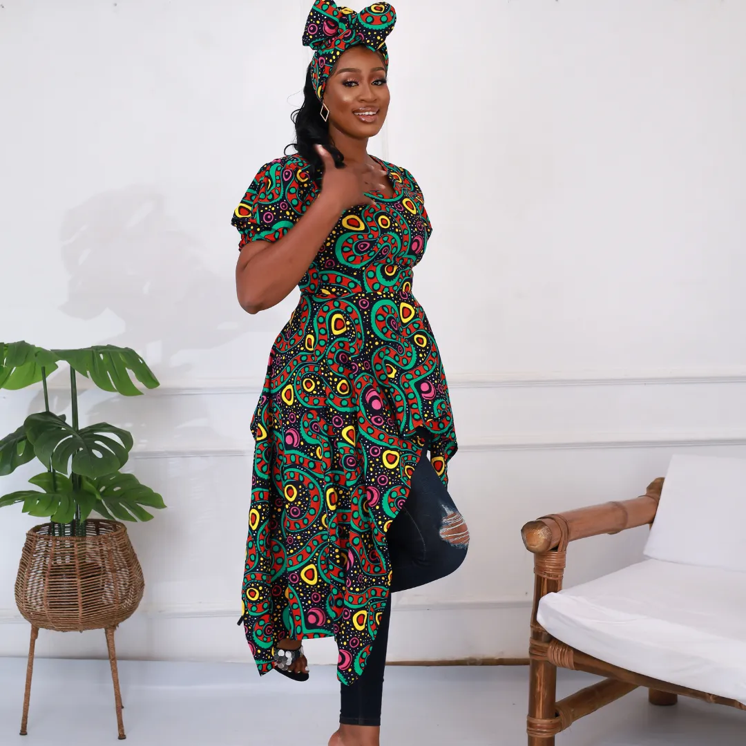 African Print Asymmetric V Neck Blouse - Zuriel Hydia