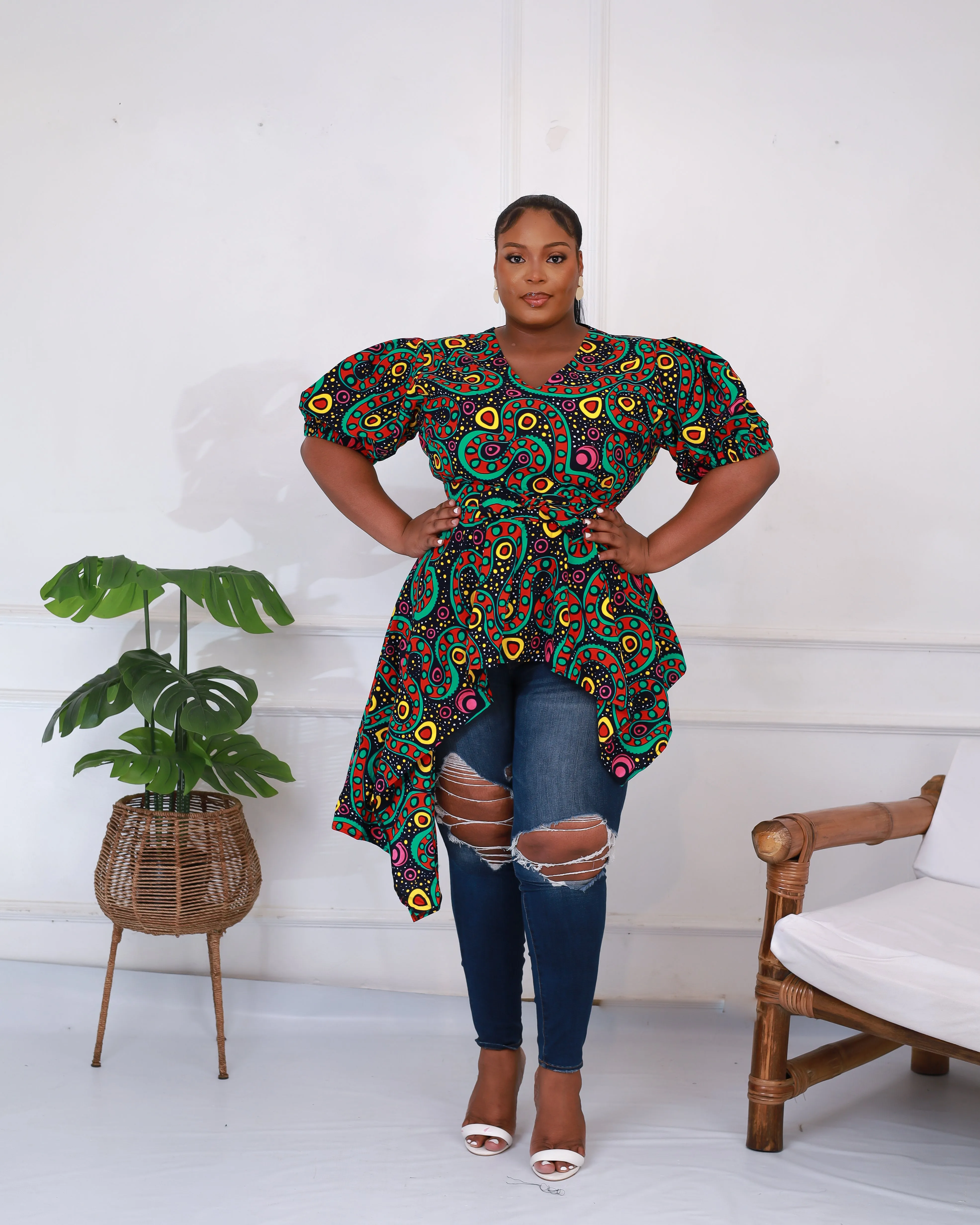 African Print Asymmetric V Neck Blouse - Zuriel Hydia