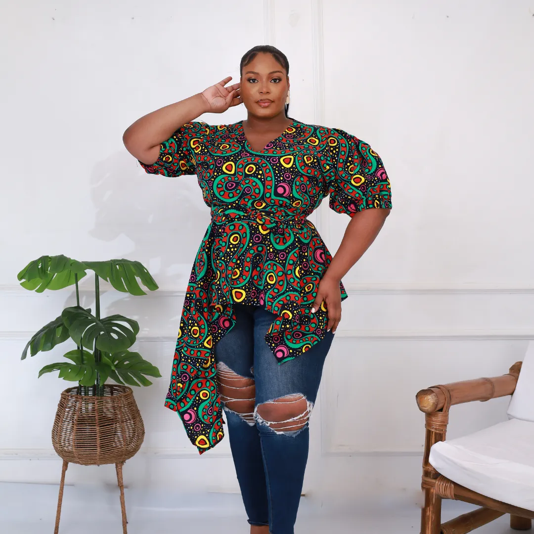 African Print Asymmetric V Neck Blouse - Zuriel Hydia