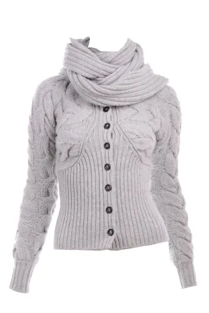 Alexander McQueen Gray Wool Cable Knit Sweater w Attached Scarf