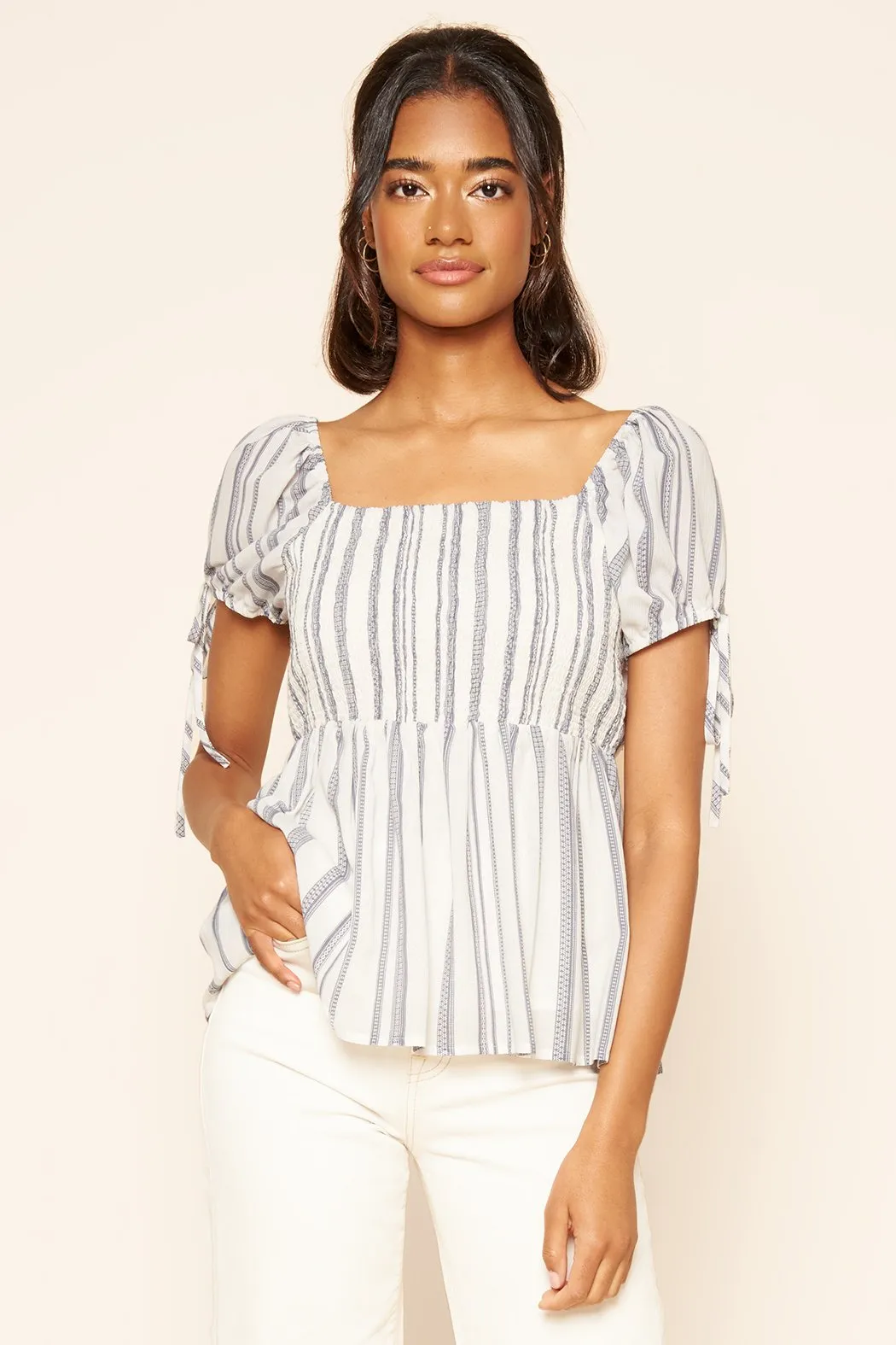 Baja Striped Puff Sleeve Peplum Top