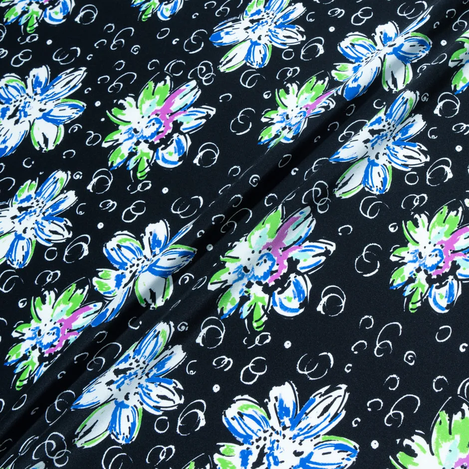 Blue & Green Floral Printed Black Silk Satin