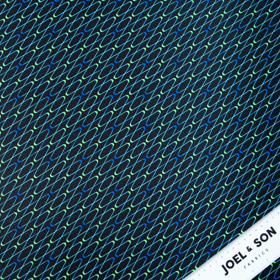 Blue & Green Geometric Printed Black Silk Twill