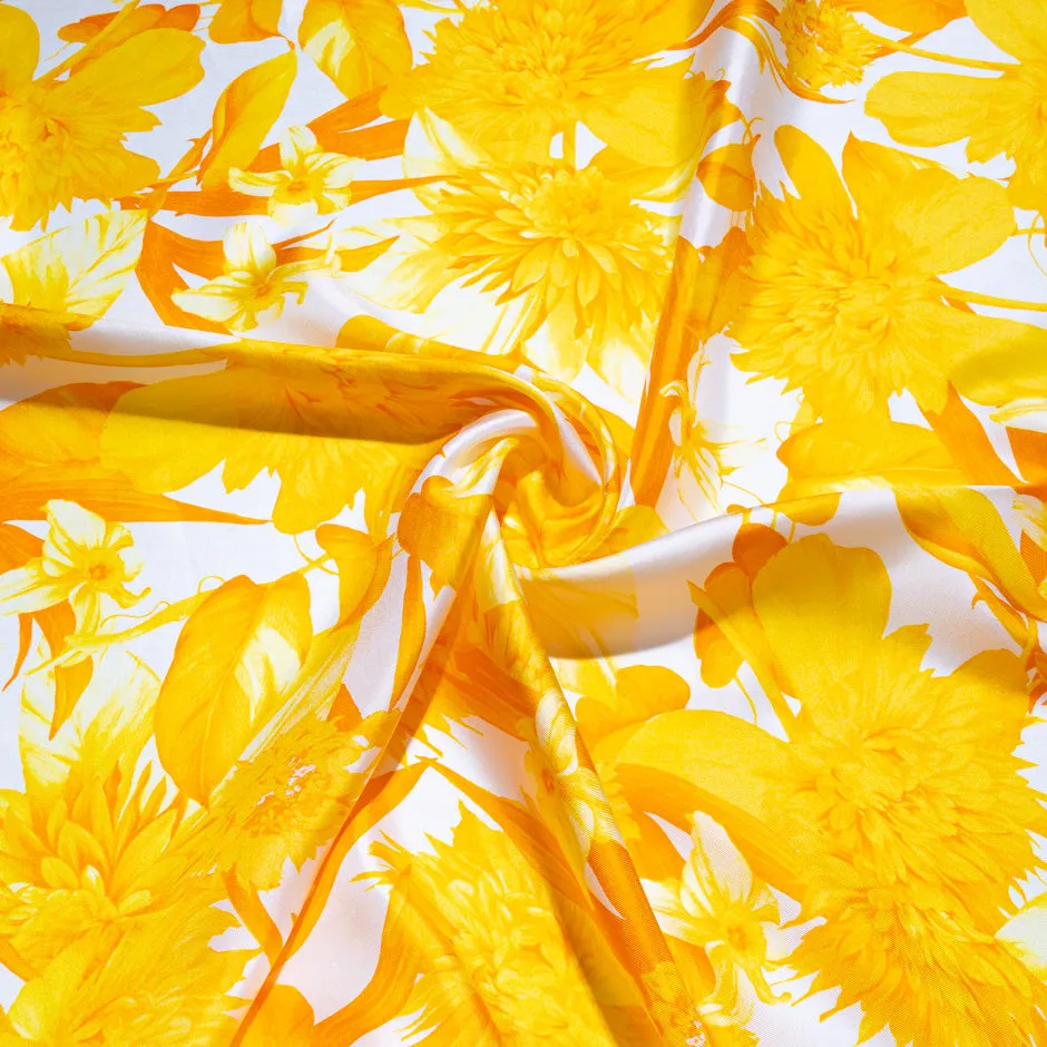 Bold Yellow Floral Printed Pure Silk Twill