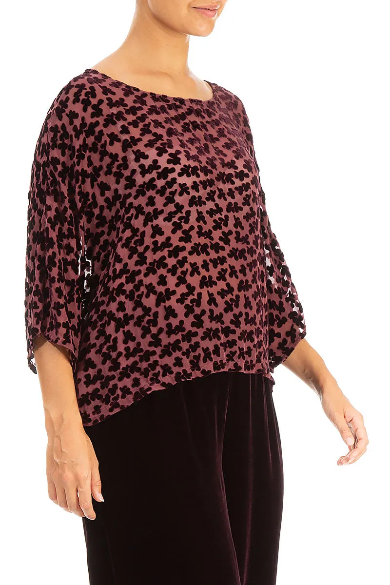 Boxy Devoré Petals Maroon Silk Velvet Blouse