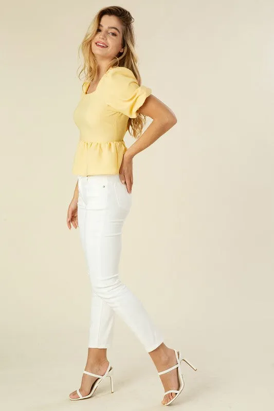 BUBBLE SLEEVE PEPLUM TOP