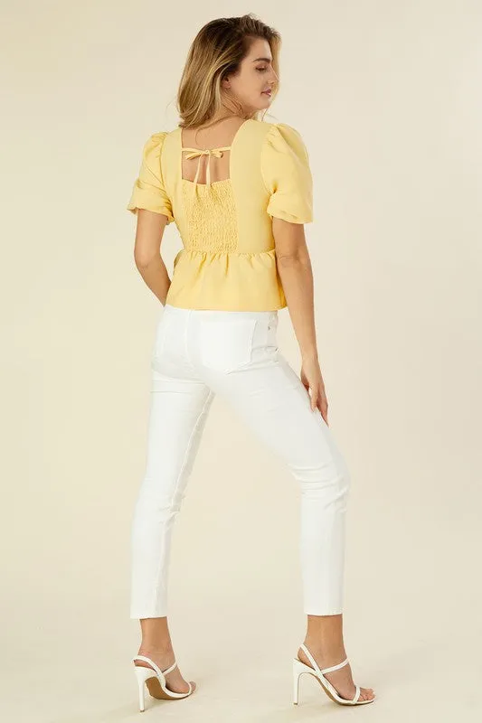 BUBBLE SLEEVE PEPLUM TOP