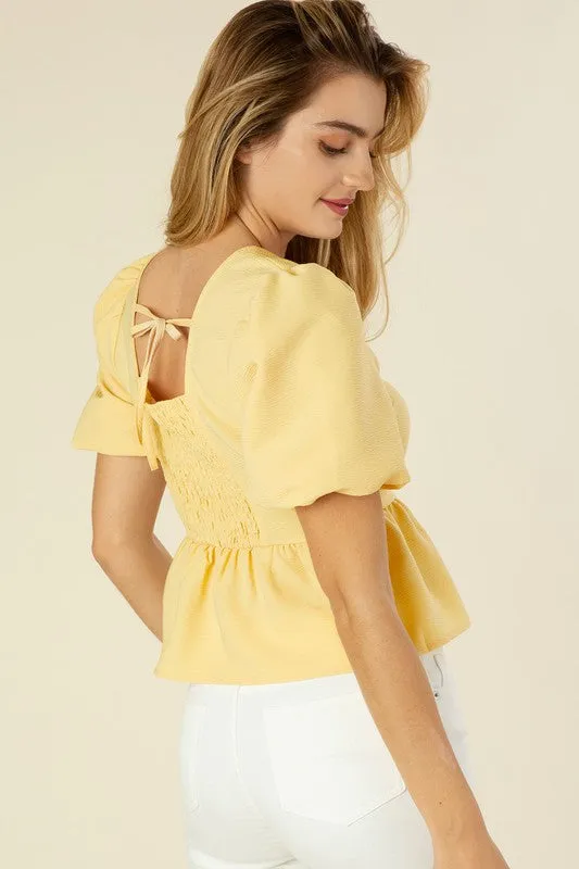 BUBBLE SLEEVE PEPLUM TOP