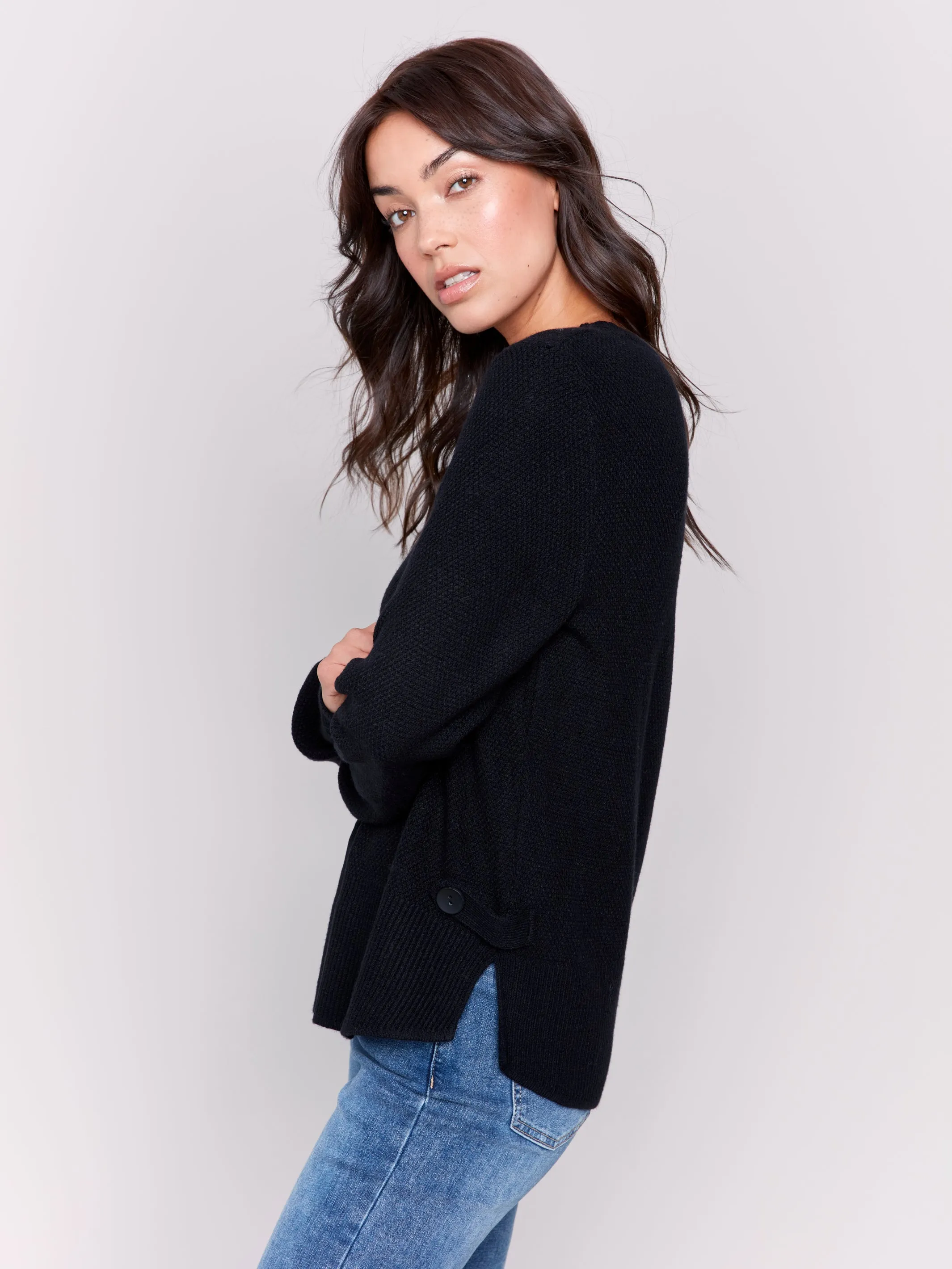 Charlie B Crew Neck Black Side Tab Sweater