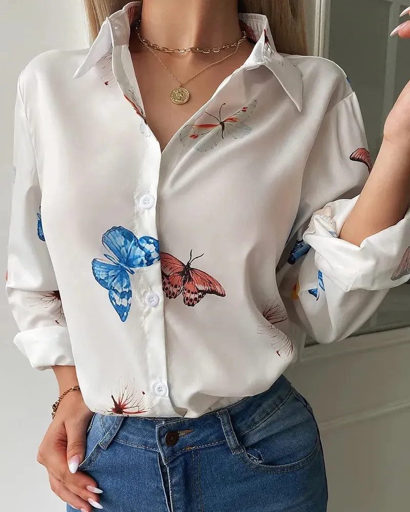 Deanwangkt - Butterfly Print Long Sleeve Button Up Top