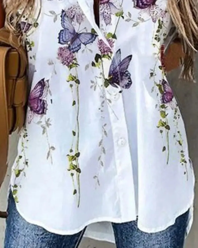 Deanwangkt - Floral Butterfly Print Short Sleeve Button Up Top