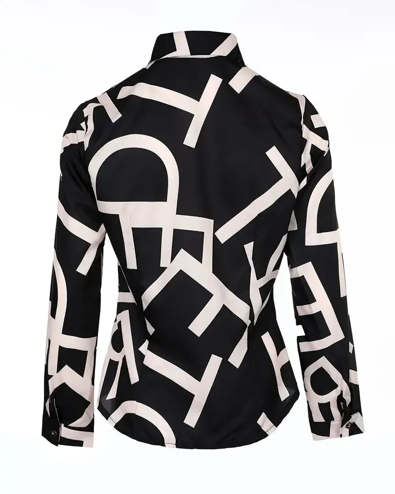 Deanwangkt - Letter Print Button Up Long Sleeve Top