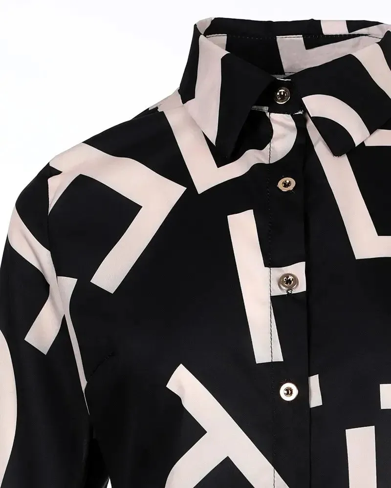 Deanwangkt - Letter Print Button Up Long Sleeve Top