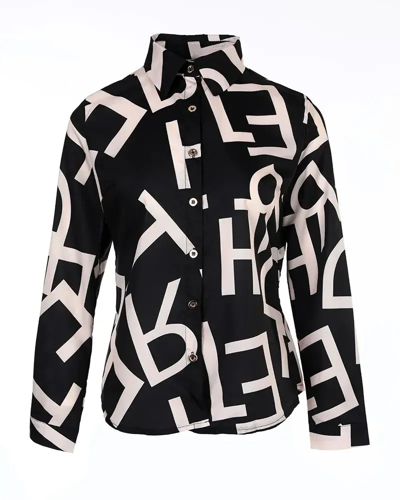 Deanwangkt - Letter Print Button Up Long Sleeve Top