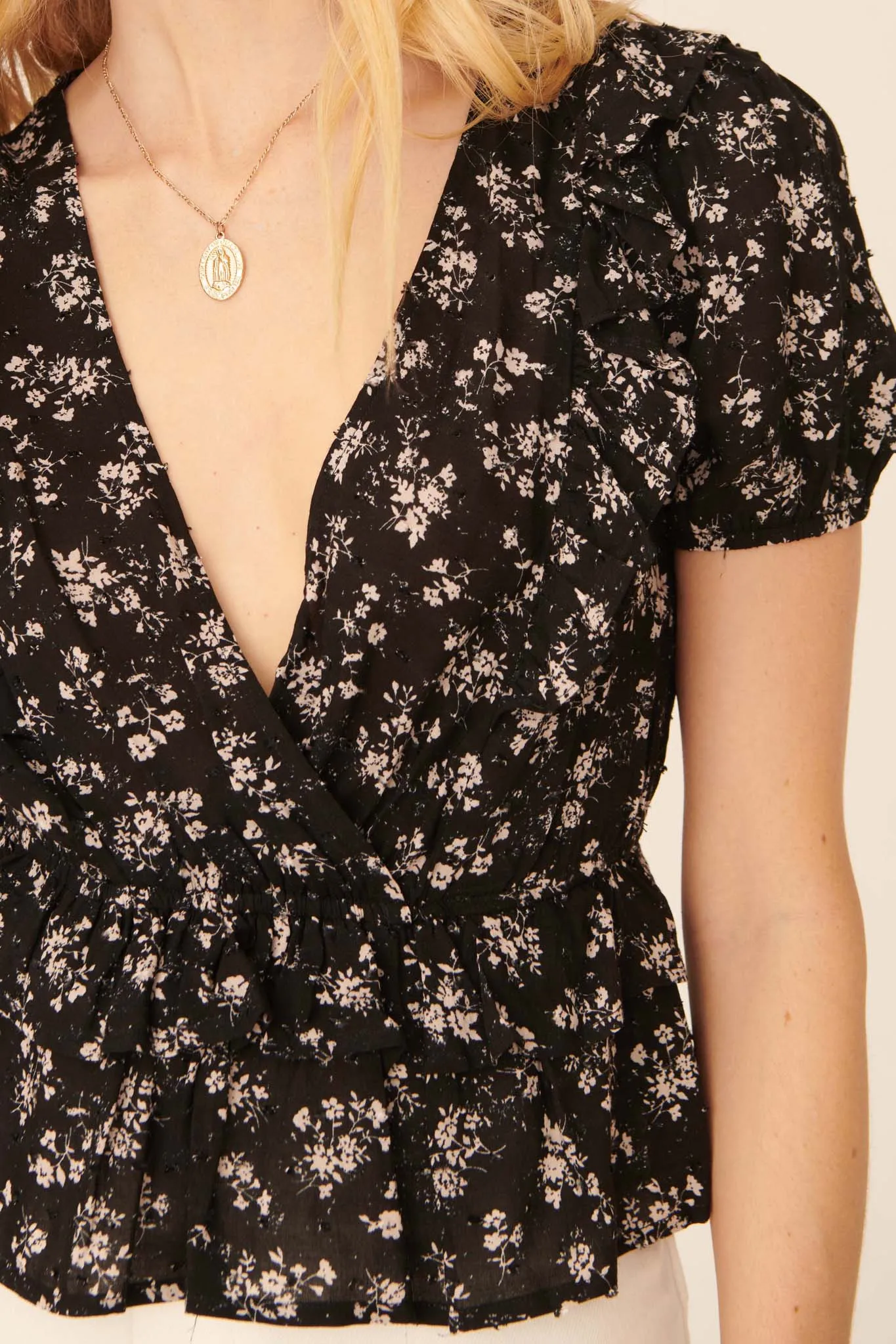 Exquisite Blooms Ruffled Floral Surplice Top