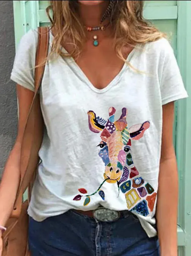 Fashion printed short-sleeved V-neck T-shirt