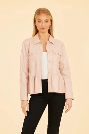 Faux Leather Peplum Shirt Jacket - Pink