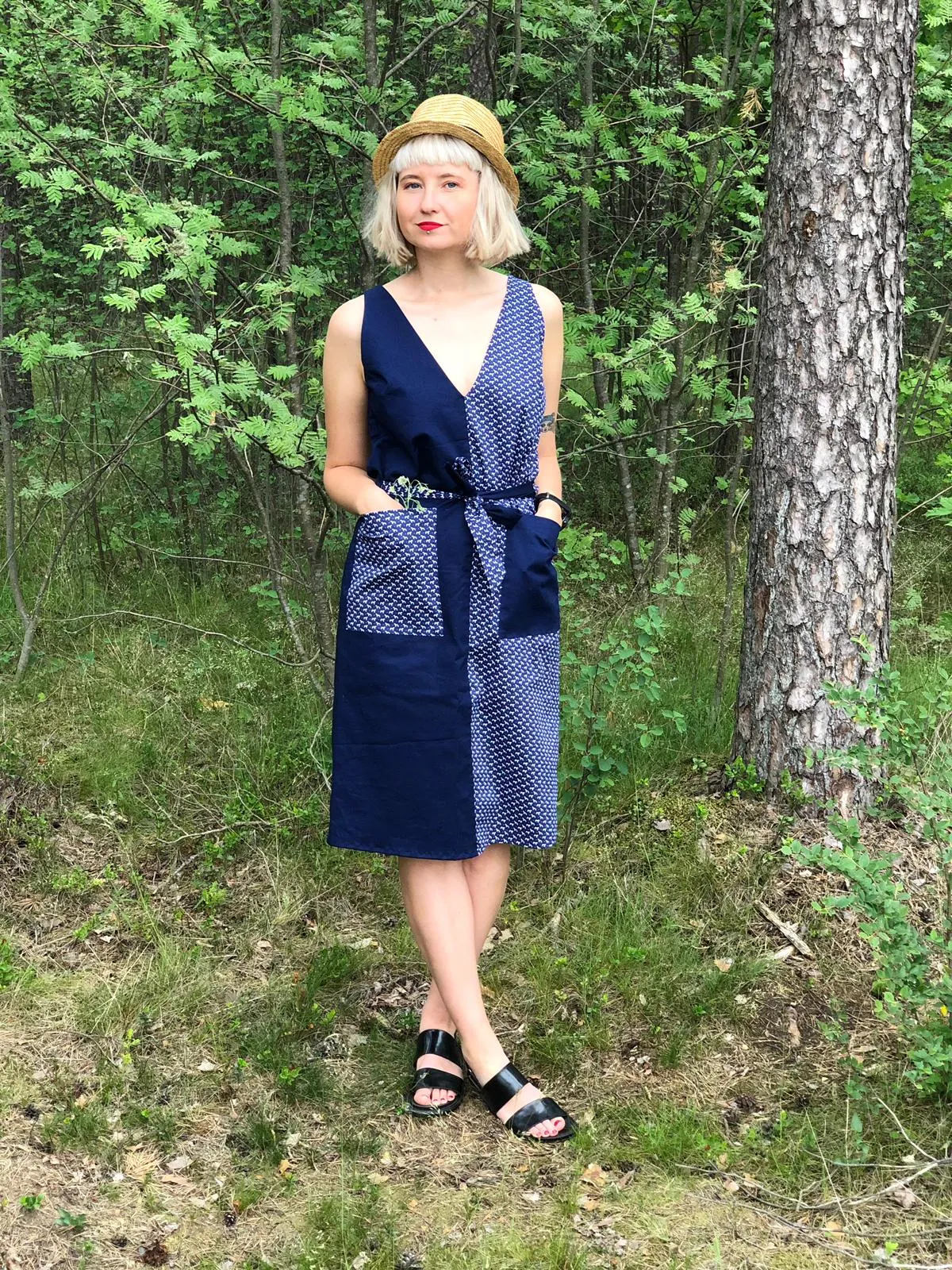 Fun and Elegant Dark blue Contrasting Sides V Neck and V Back dress with Tiny Horses Print in Cotton Fabric with Belt