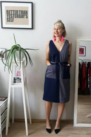 Fun and Elegant Dark blue Contrasting Sides V Neck and V Back dress with Tiny Horses Print in Cotton Fabric with Belt