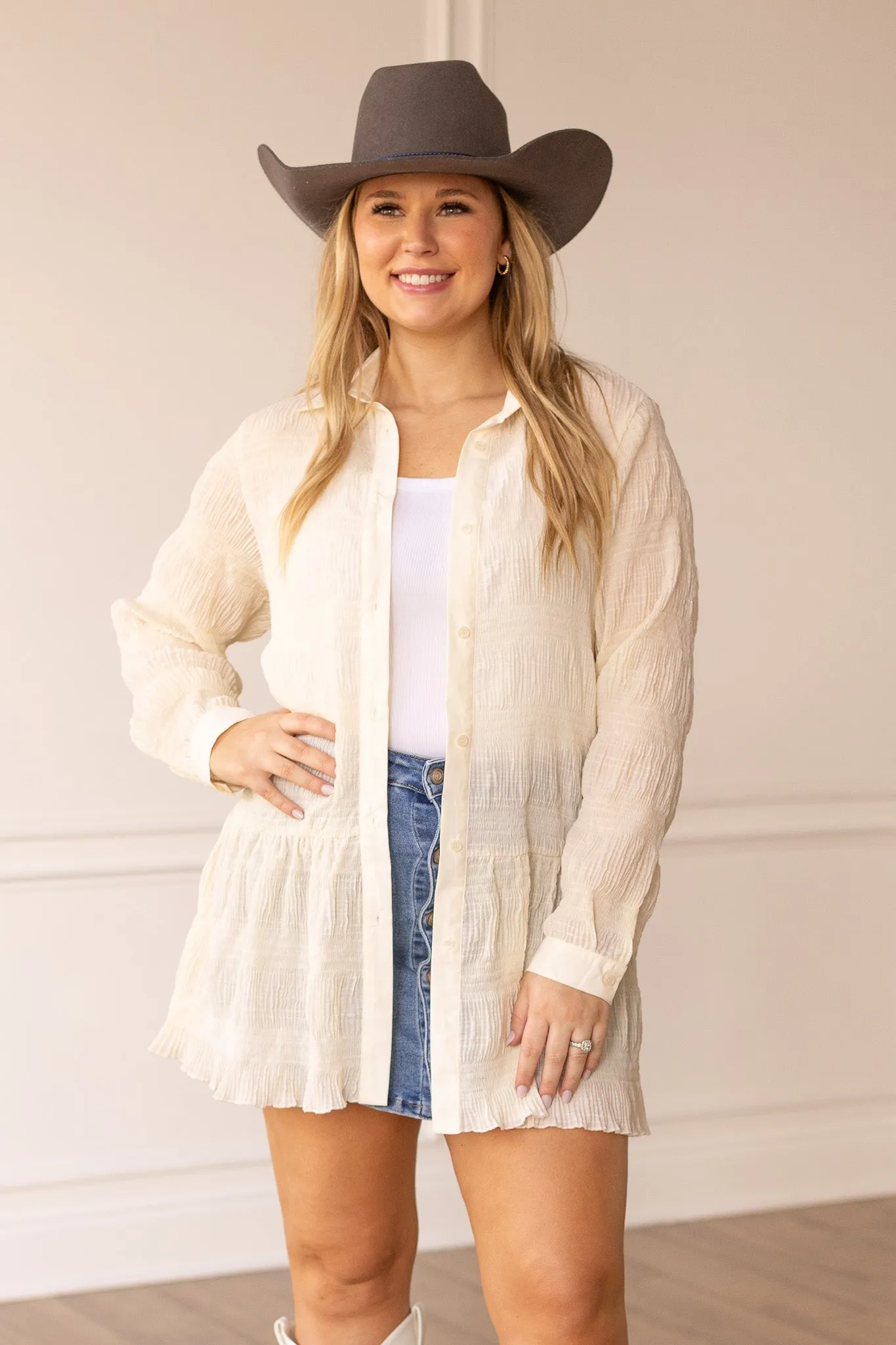 Gauzy Button Up Tunic, Off White