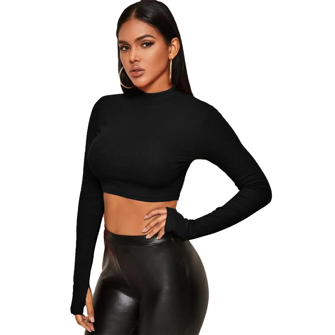 GLARE & BLAIR Women Regular Fit Stylish Mock Neck Ribbed Full Sleeve Crop Top with Thumb Hole (Medium, Black)