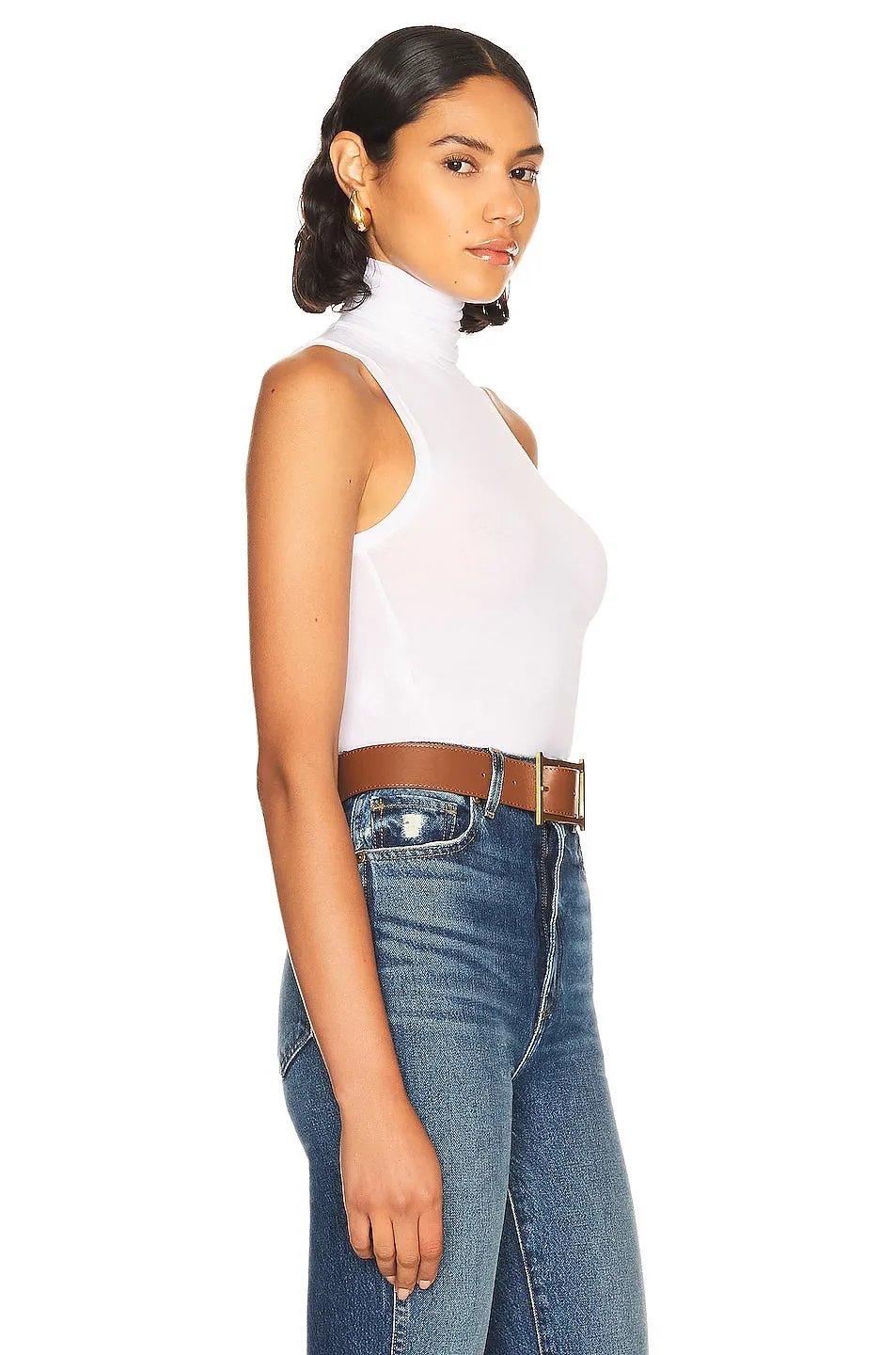 Helsa Jersey Cropped Turtleneck Top, white