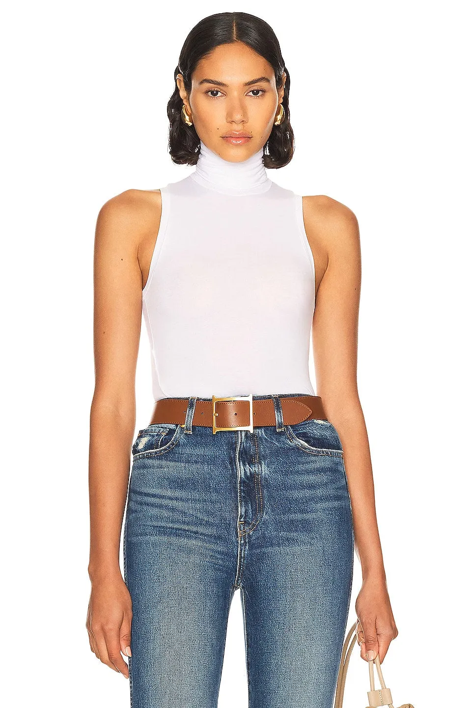 Helsa Jersey Cropped Turtleneck Top, white