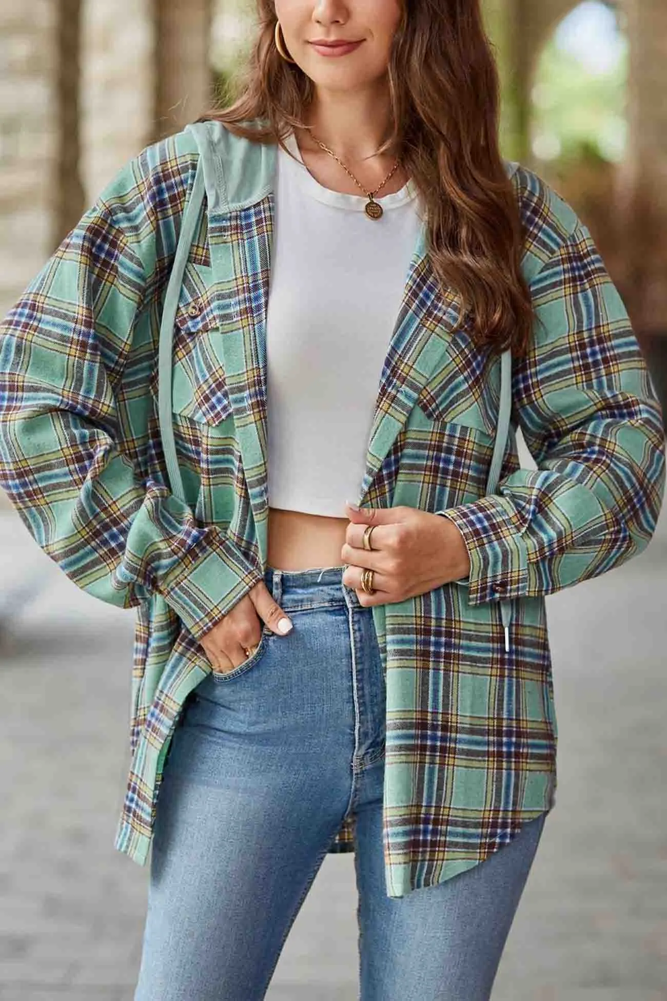 Hooded Plaid Button Up Blouse