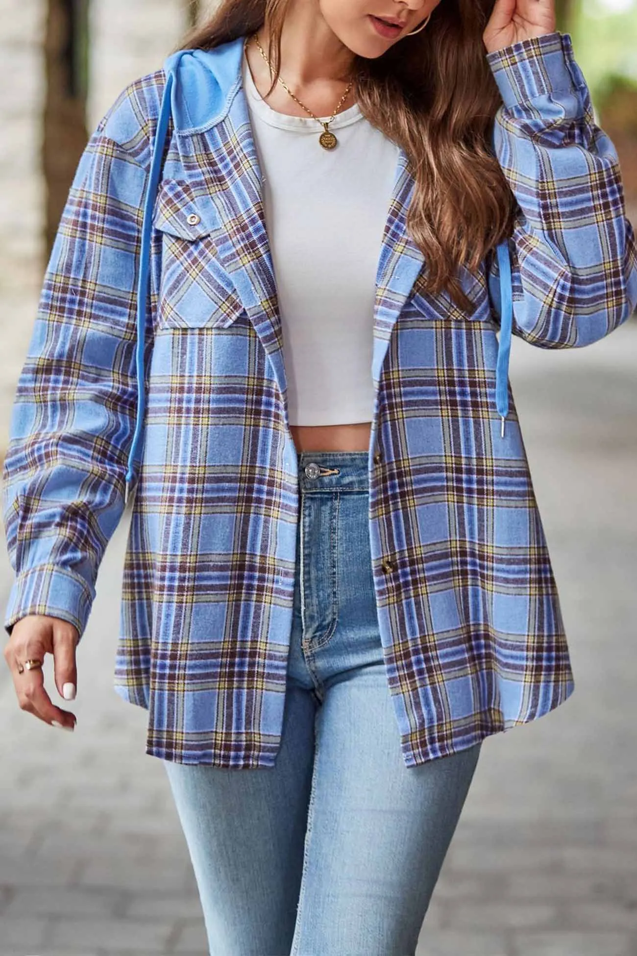 Hooded Plaid Button Up Blouse