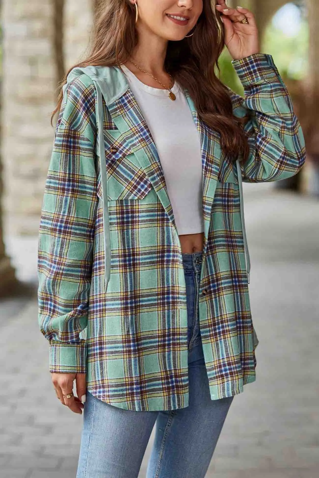 Hooded Plaid Button Up Blouse