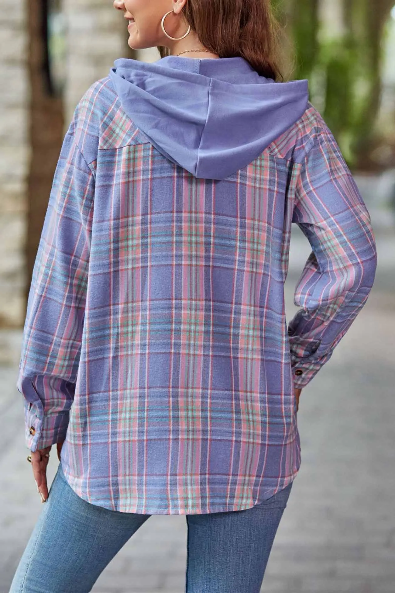 Hooded Plaid Button Up Blouse