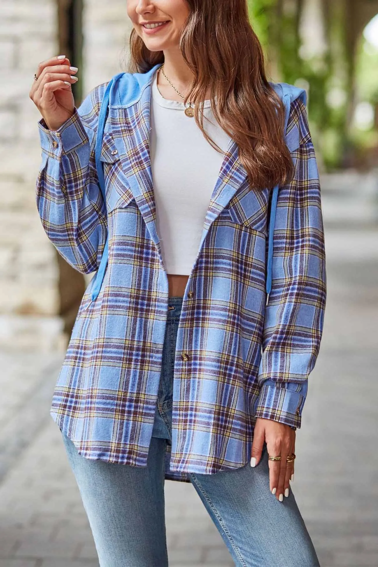 Hooded Plaid Button Up Blouse