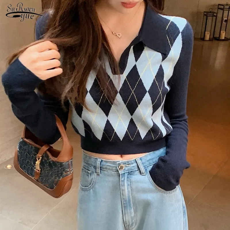 Joskaa Back To College Autumn 2024 Knitted Jumper Sweater V-neck Pullover New Fashion Sweater College Style Sweaters Bottoms Clothes Pull Femme 16474