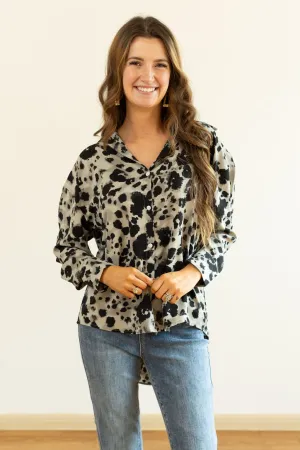 Kathryn Classic Button-Up, Grey Leopard