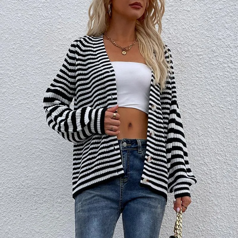 Knit cardigan striped V-neck lantern sleeve sweater women