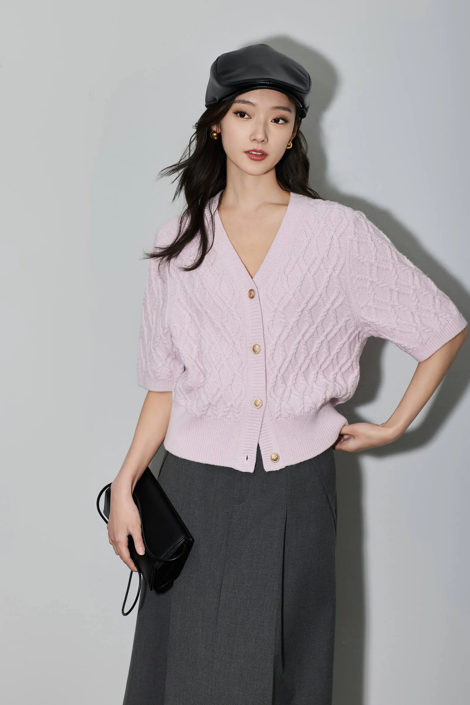 LILY Cable Pattern V-Neck Pink Knitted Cardigan