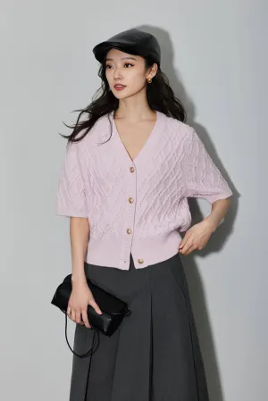 LILY Cable Pattern V-Neck Pink Knitted Cardigan