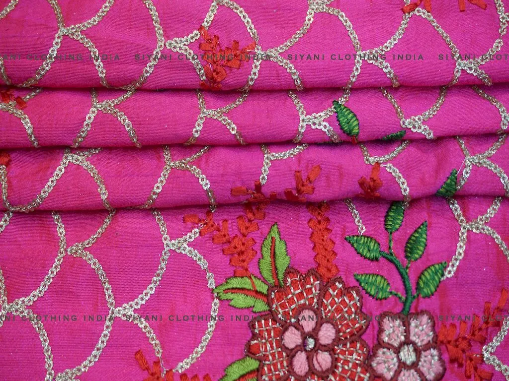 Magenta Floral And Gota Embroidered Silk Fabric