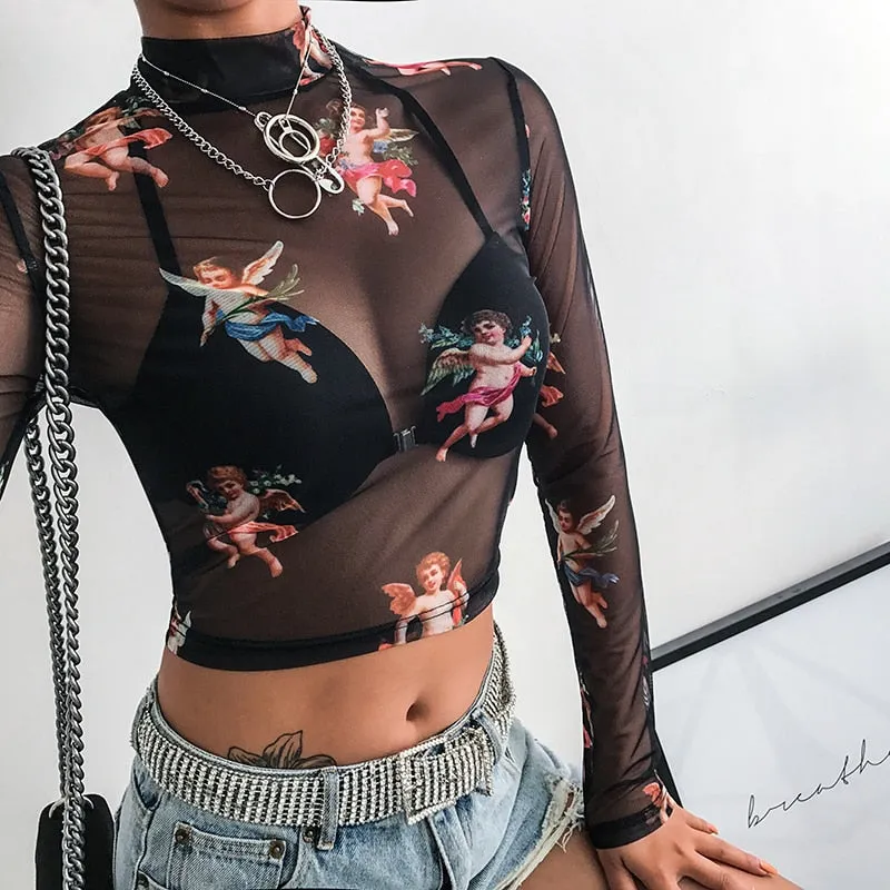 Mesh Cute Crop Top Long Sleeve Angel Print Cute Graphic Tees Sexy Transparent Summer Tops