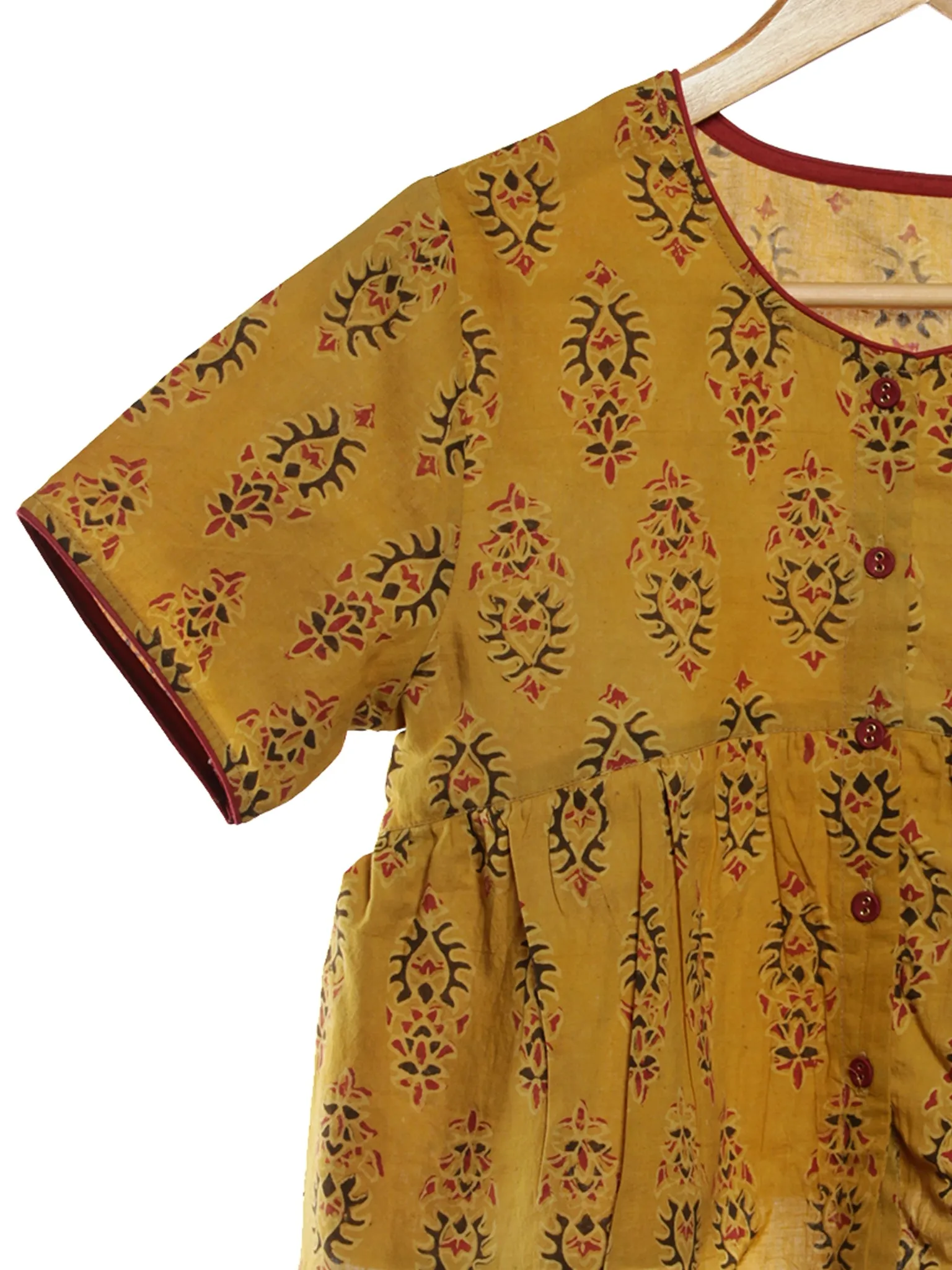 Mustard Black Maroon Ajrakh Hand Printed Cotton Peplum Blouse - B04F1618