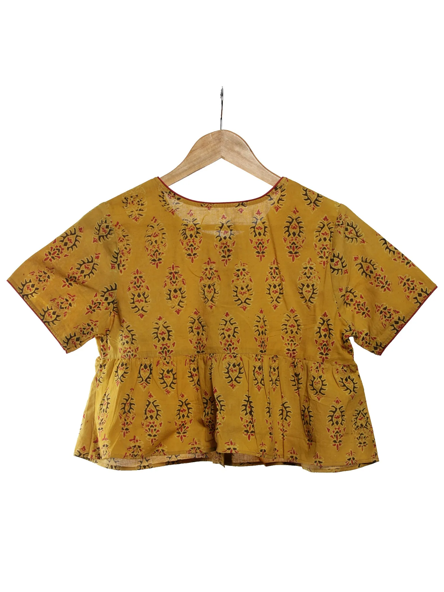 Mustard Black Maroon Ajrakh Hand Printed Cotton Peplum Blouse - B04F1618