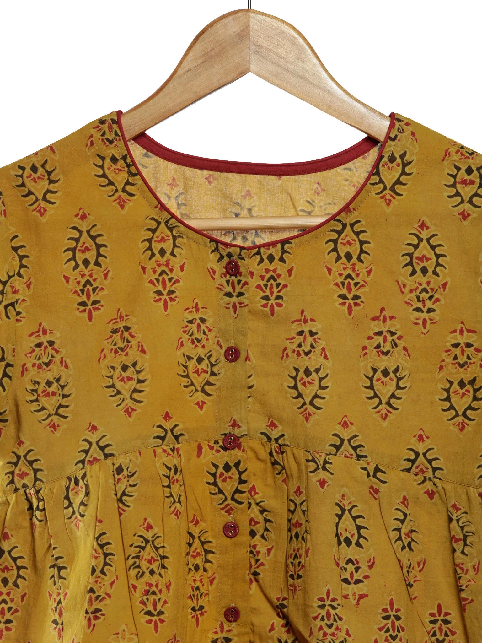 Mustard Black Maroon Ajrakh Hand Printed Cotton Peplum Blouse - B04F1618