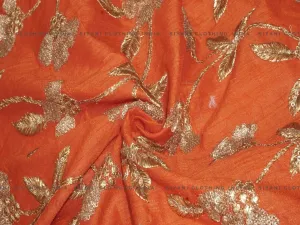 Orange Floral Gota Embroidered Silk Fabric