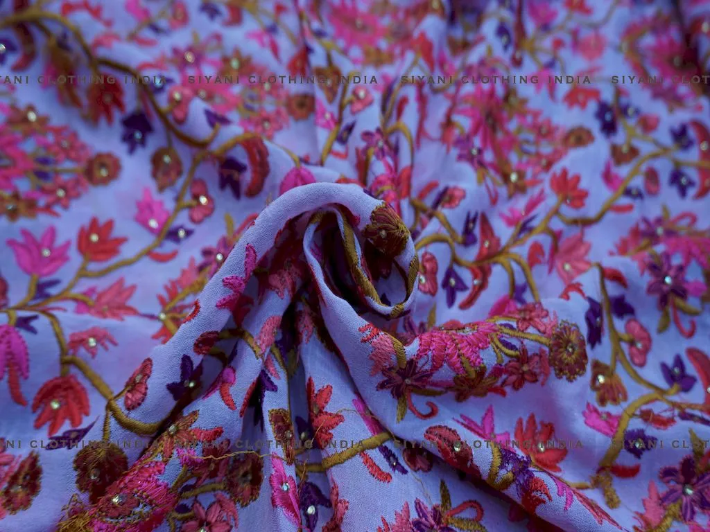 Pastel Multicolor Thread Embroidered Silk Fabric