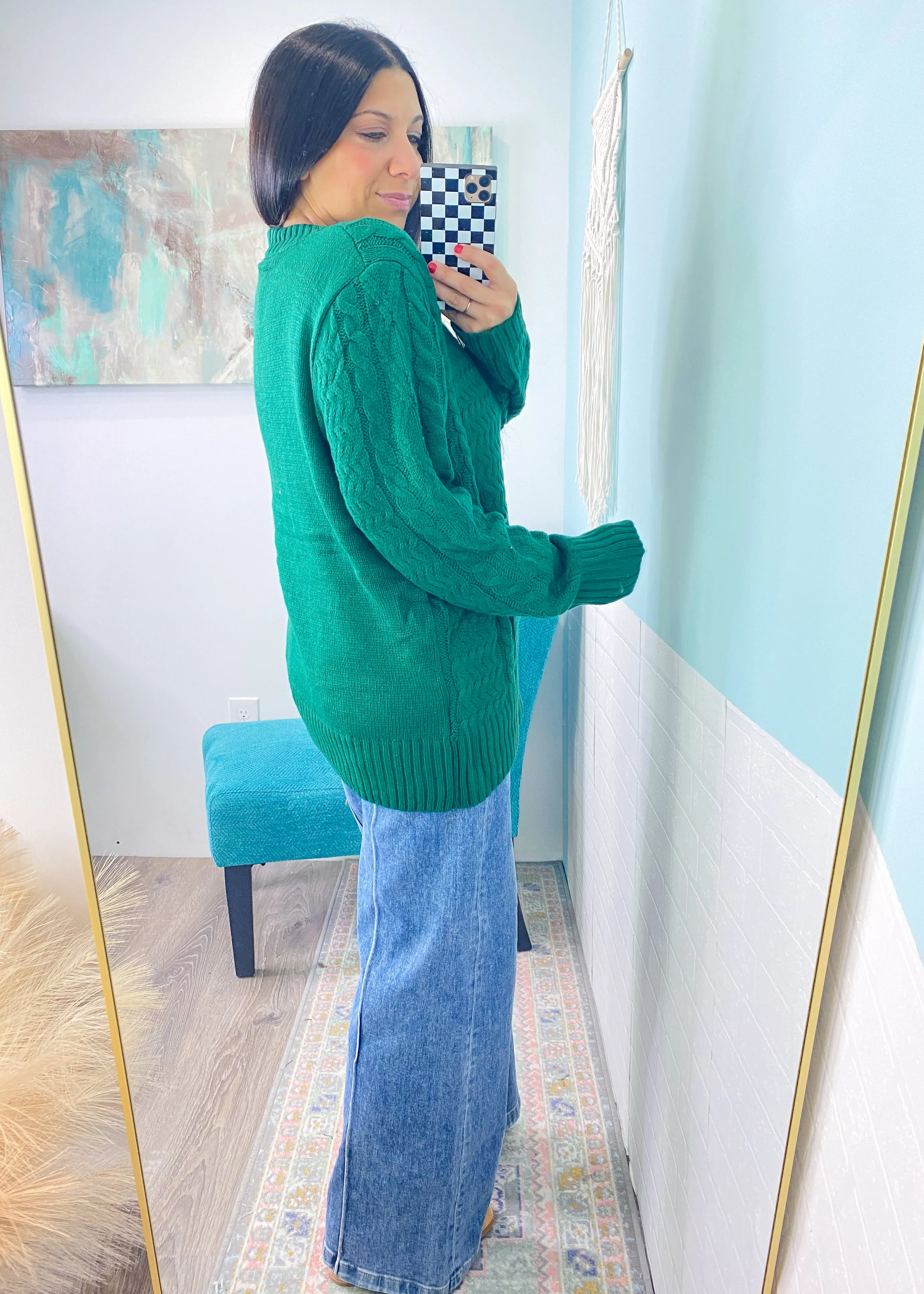 'Prancer' Hunter Green Notch V-Neck Oversized Cable Knit Sweater