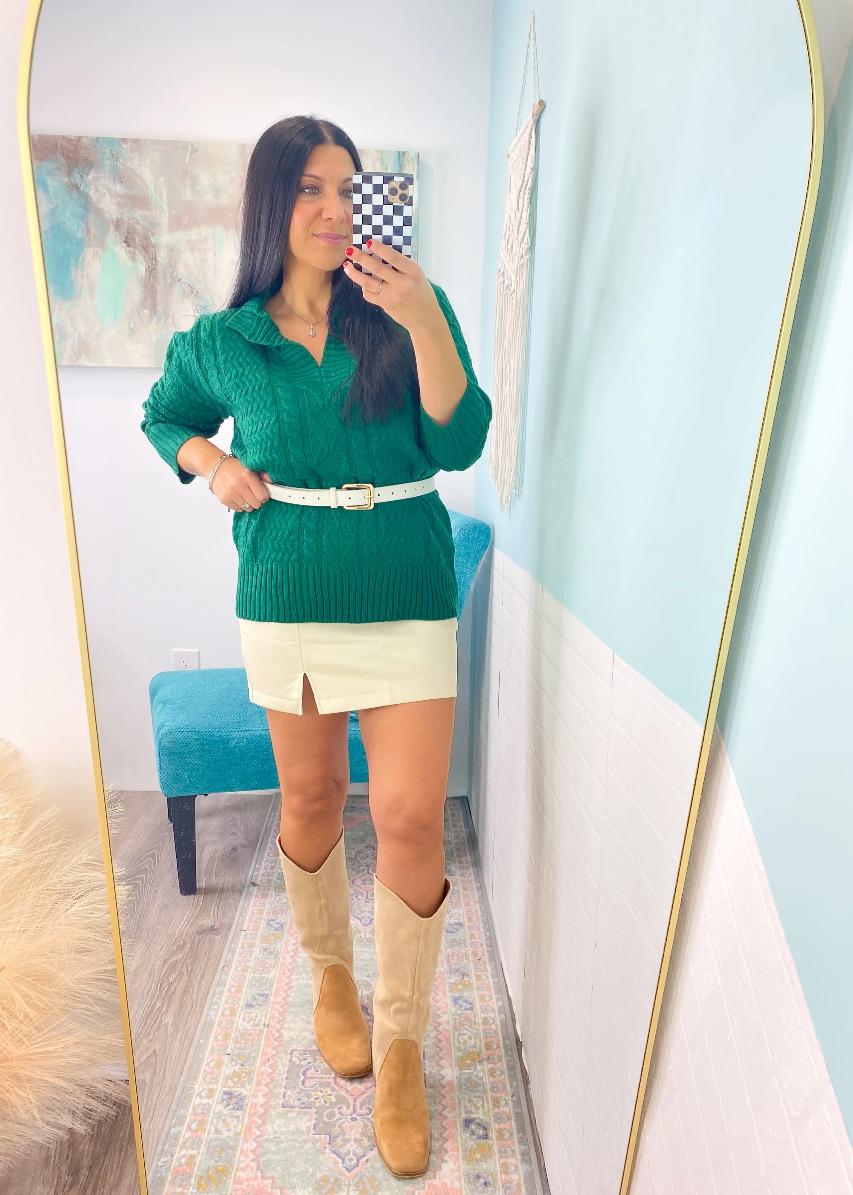 'Prancer' Hunter Green Notch V-Neck Oversized Cable Knit Sweater